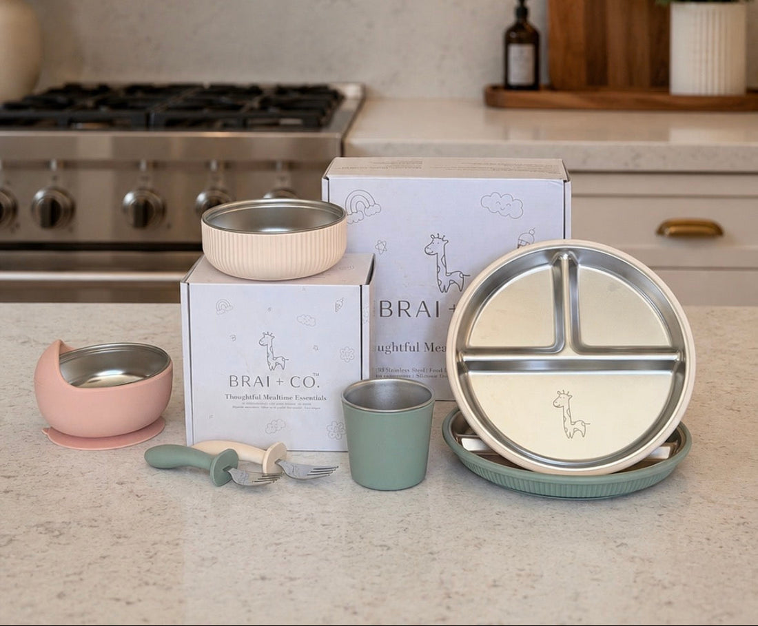 BRAI + CO. stainless steel and silicone products - plate, bowl, cup, fork, spoon