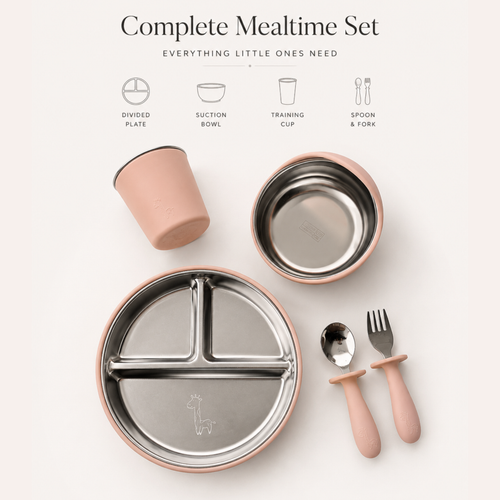 BRAI + CO. Little Eaters complete mealtime gift set with a divided plate, toddler bowl, drinking cup, fork, and spoon