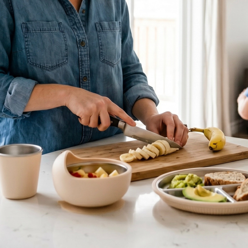 Parent preparing fresh fruit for a toddler meal beside the BRAI + CO. Little Eaters stainless steel divided plate, toddler bowl, and drinking cup on a kitchen counter.